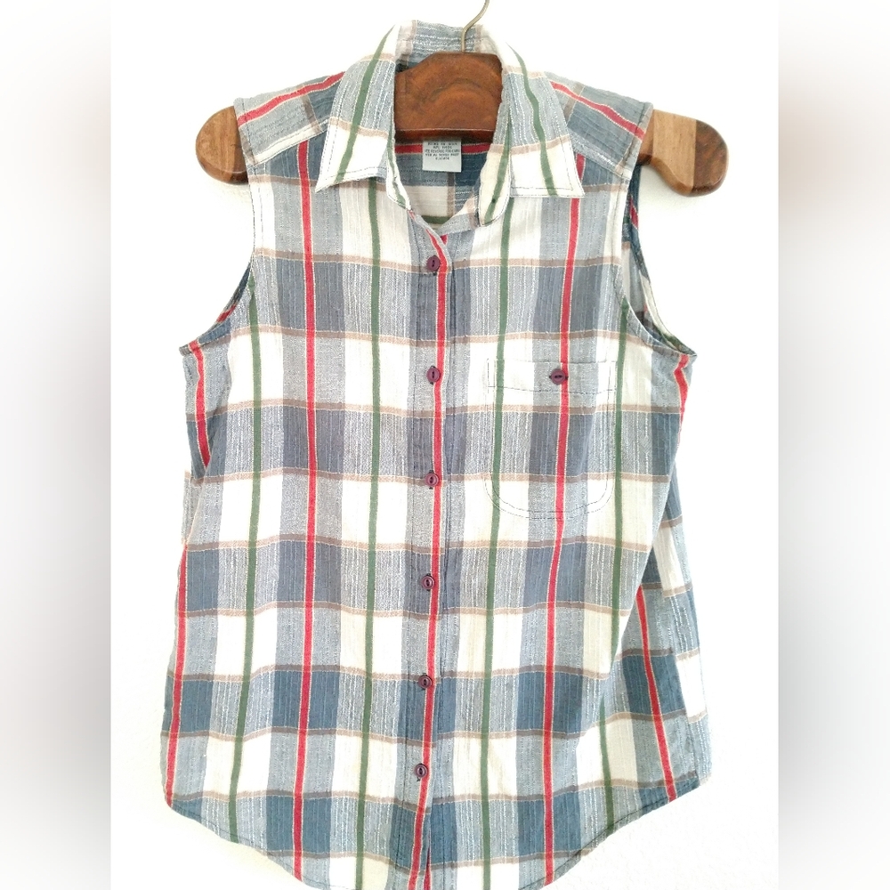 Cabin Creek Women's Sleeveless Summer Shirt Plaid Check Summer Cottagecore MED